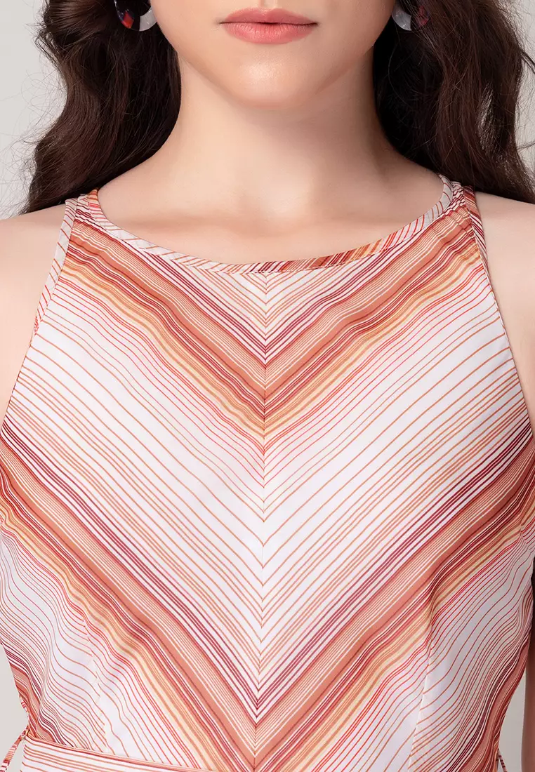 White Striped Midi Dress With Belt