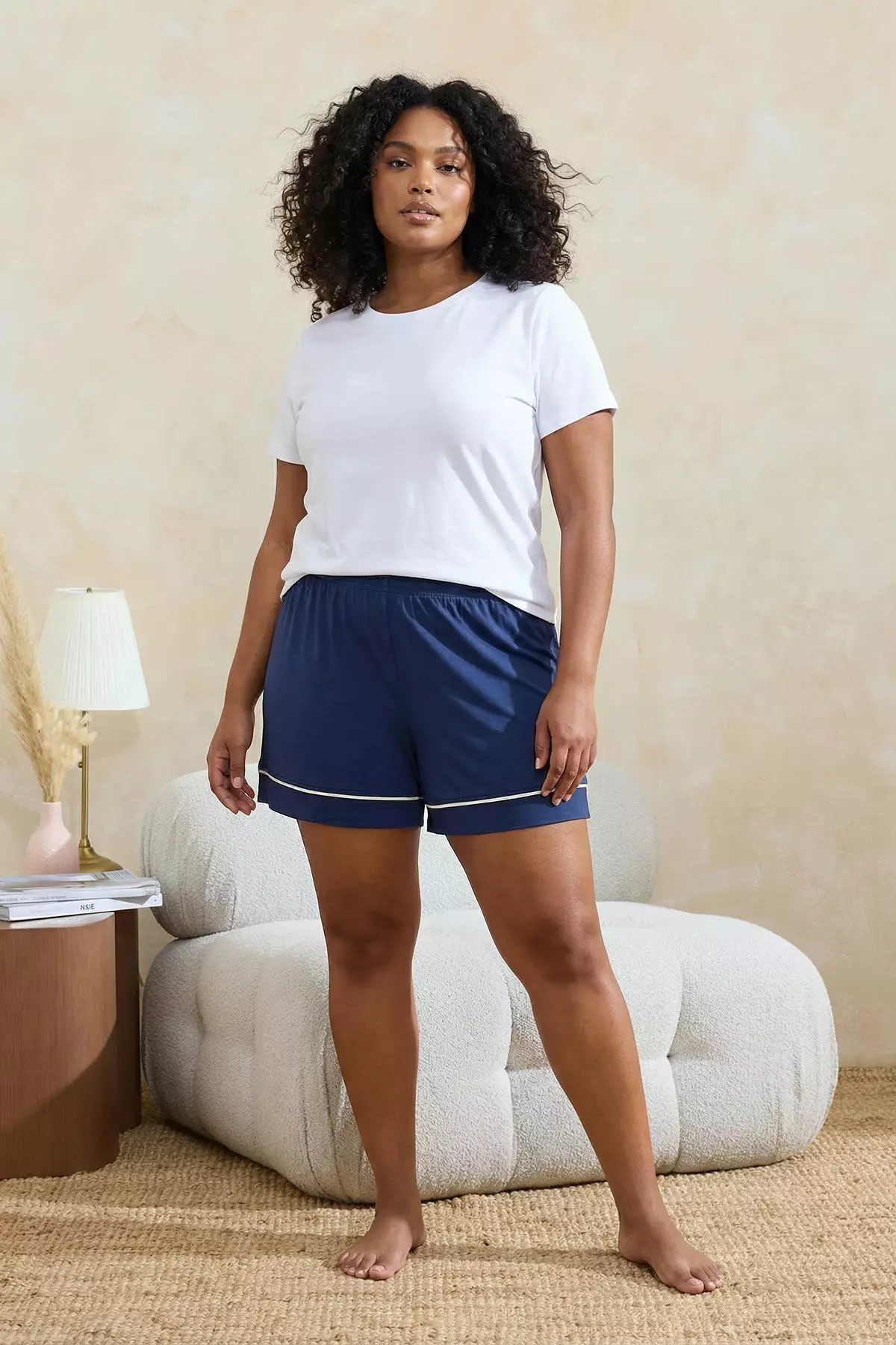 Navy Blue-Ecru Piped Viscose Soft-Keyed 2-Pack Plus Size Pajama Bottoms Tbbss26Ia00006