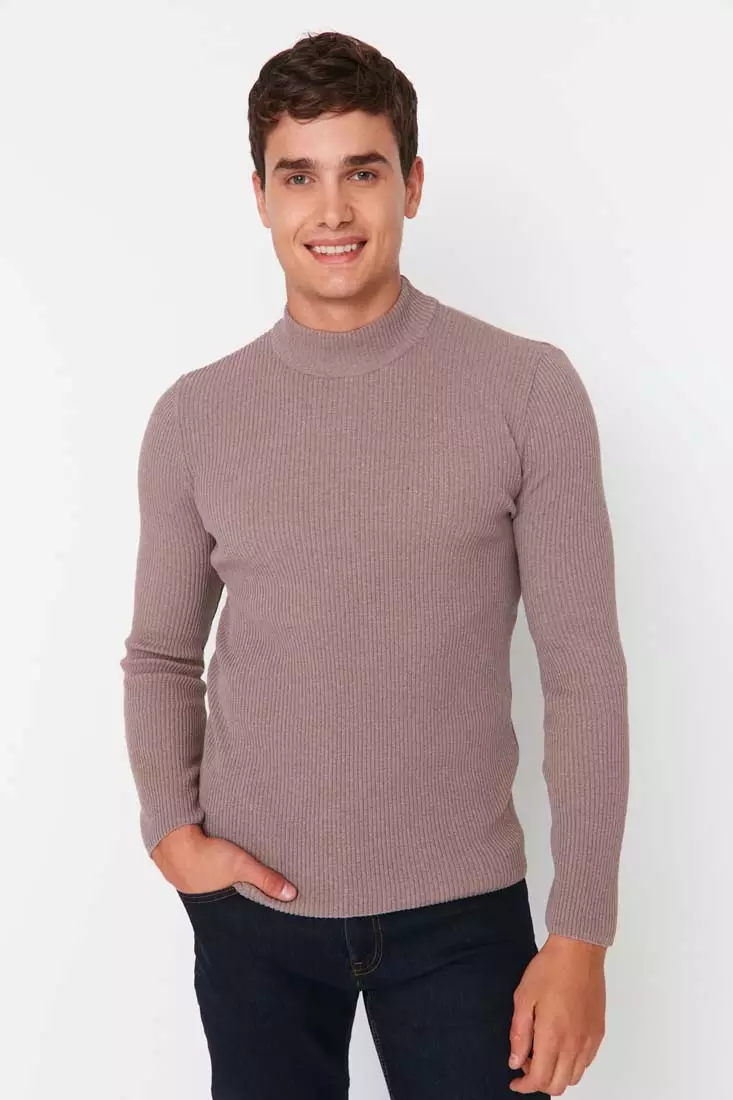 Slim Fit Buttoned Polo Neck Corduroy Knitted Sweater