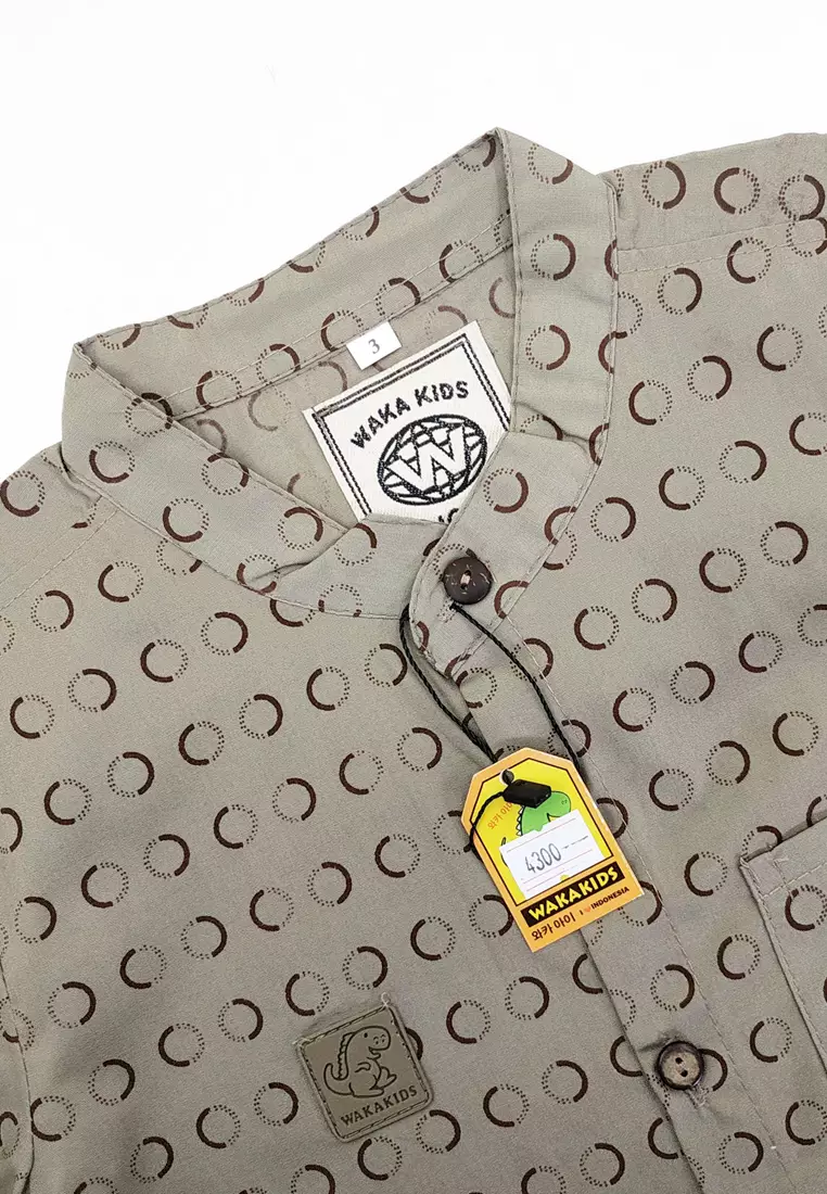 Wakakids Kemeja Anak Laki Laki Usia 1 Tahun Hingga 8 Tahun Atasan Baju Kerah Shanghai Mandarin Collar Shirt Motif Circle Pattern 4300 Vensk Coklat