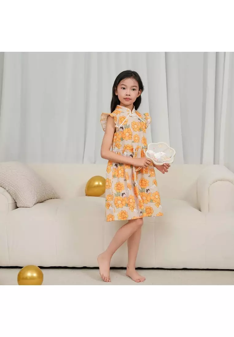 向日葵小女孩與貓嬰兒兒童女童旗袍連衣裙0846