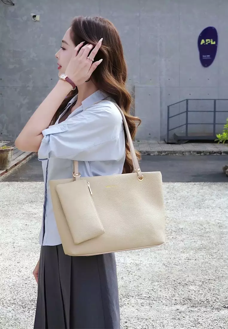 Women's 2-in-1 Tote Bag & Pouch (2-in-1 - Tas Jinjing Wanita & Kantong Wanita) - Krem