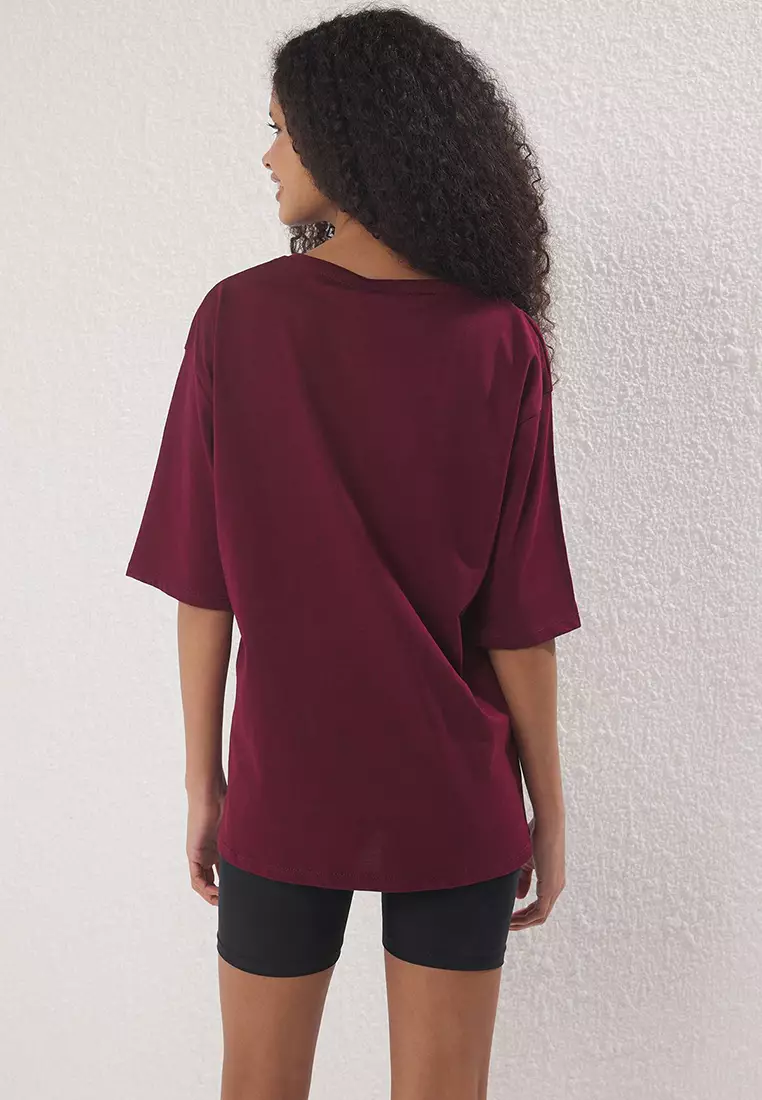 Burgundy 100% Cotton Duck Embroidered Comfortable/Relaxed Cut Crew Neck Knitted T-Shirt Twoss25Ts00201