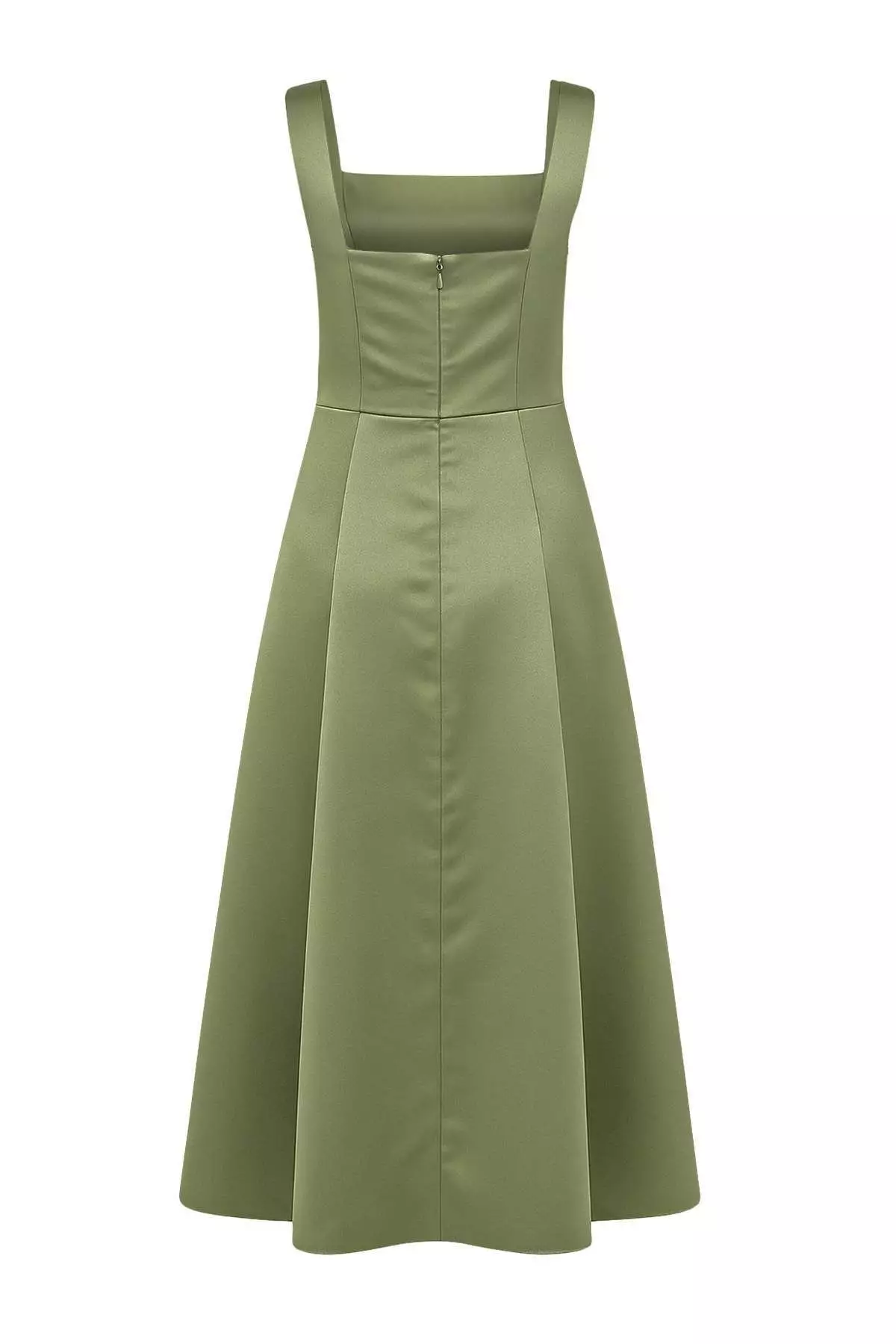 Oil Green Skirt Waist Open Woven Satin Midi Unlined Homecoming/Prom Dress