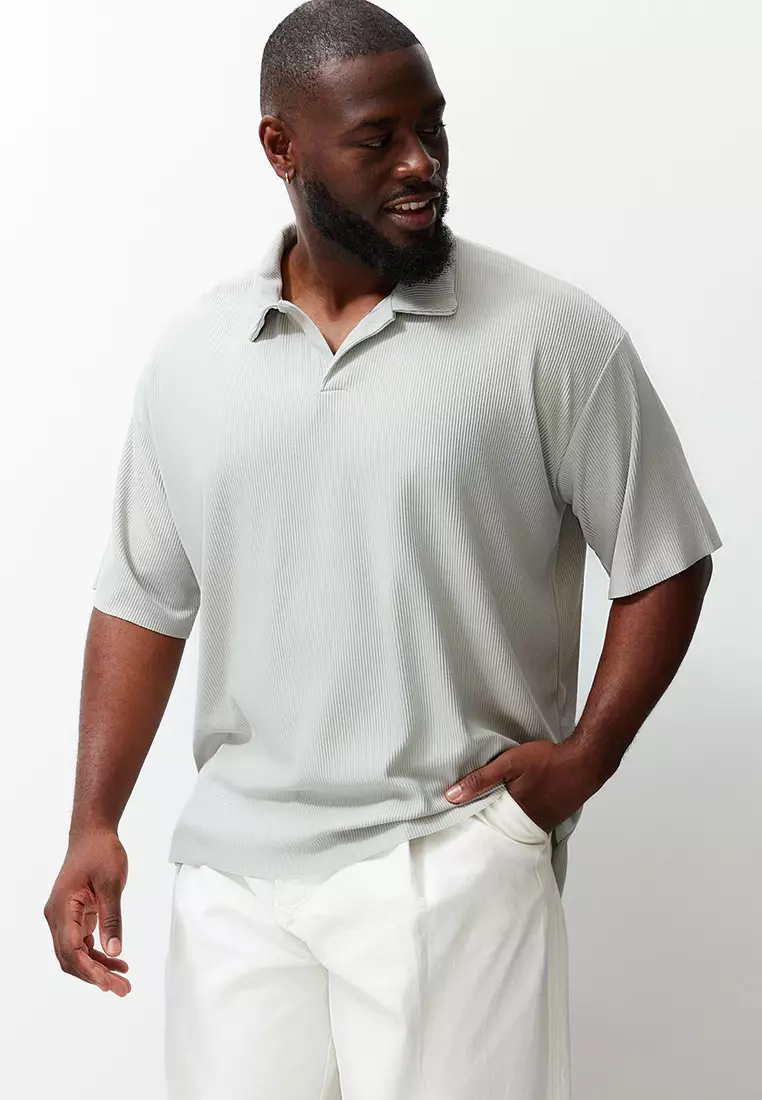 Premium Plus Size Stone Oversize Textured Ottoman Polo Neck T-Shirt TMNSS24BF00047
