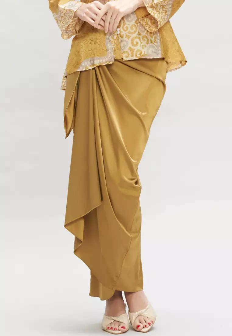 Premium Batik Mustard Kebaya & Satin Wrap Skirt Modern Baju Kurung