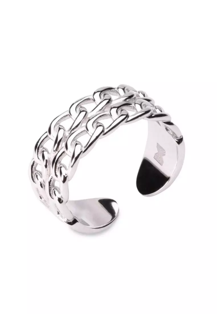 Millennia 2000 Double Chain Link White Gold Ring with 925 Sterling Silver