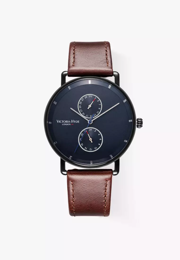 Men's Watch 40mm Grange Hill Date Leather Brown Leather Strap Black Case- Brown