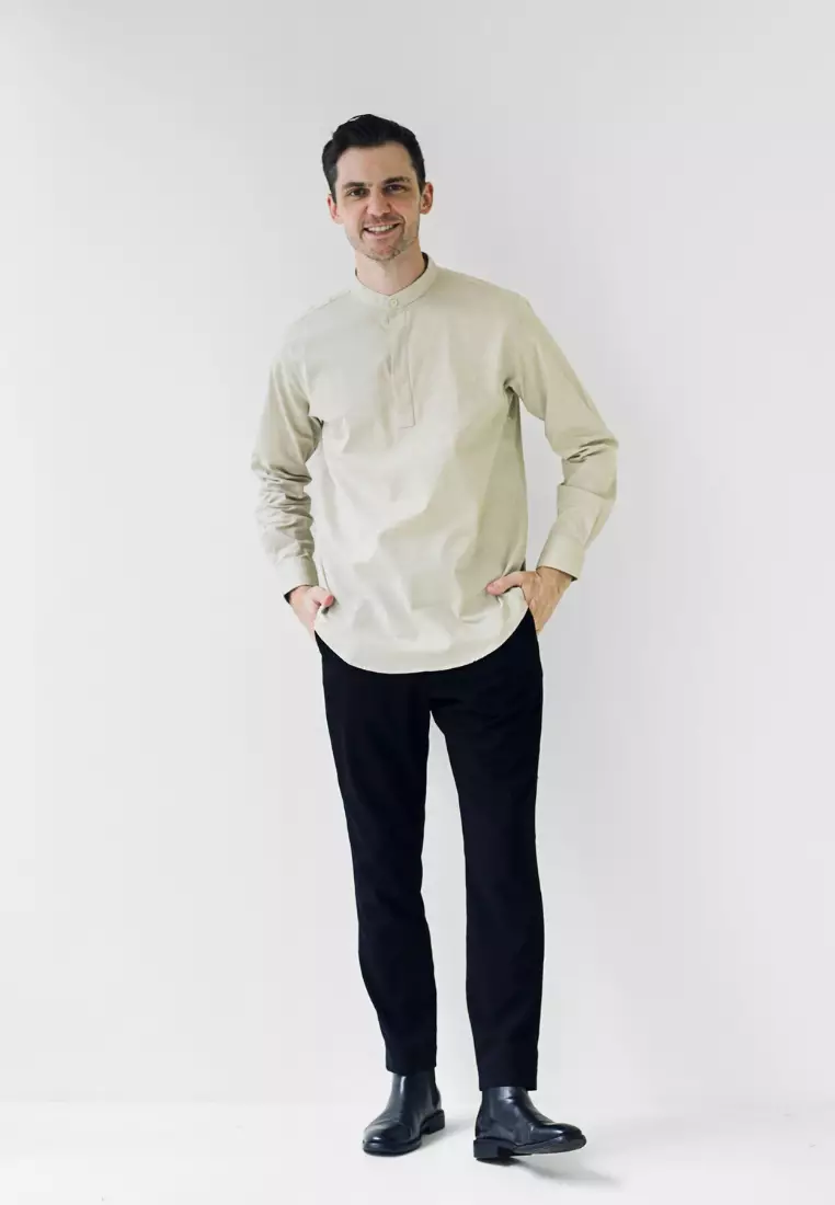 Cotton Well Oman Henley Shirt Cream │Kemeja Koko Basic Lengan Panjang Krem