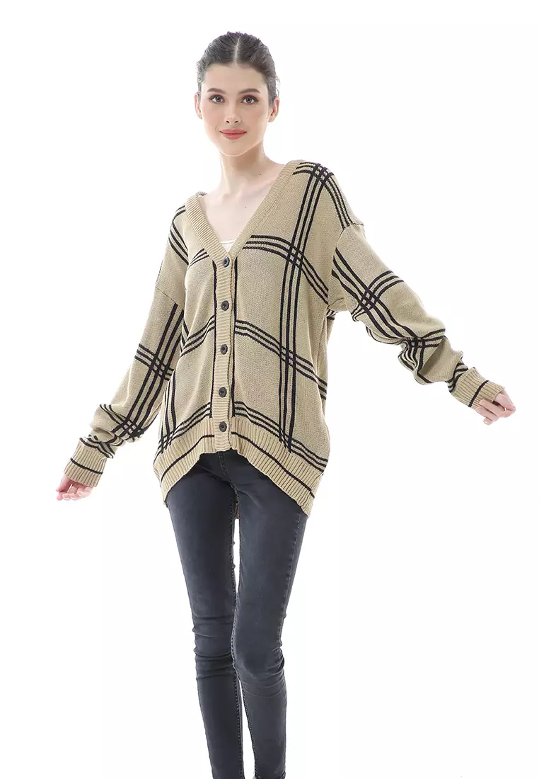 Eshika Cardigan Rajut Oversize Motif Kancing Tebal High Quality - Khaki