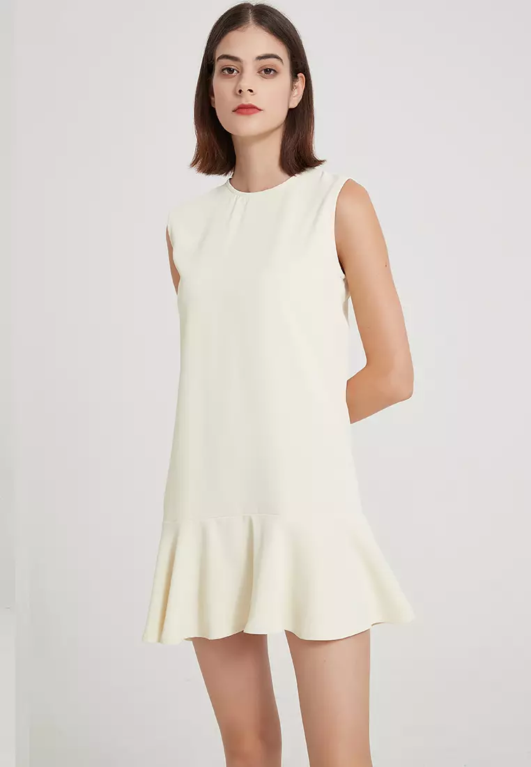 时尚气质高端简约无袖圆领荷叶边背心连衣裙经典纯红哑光缎面连身裙 B22041208YE