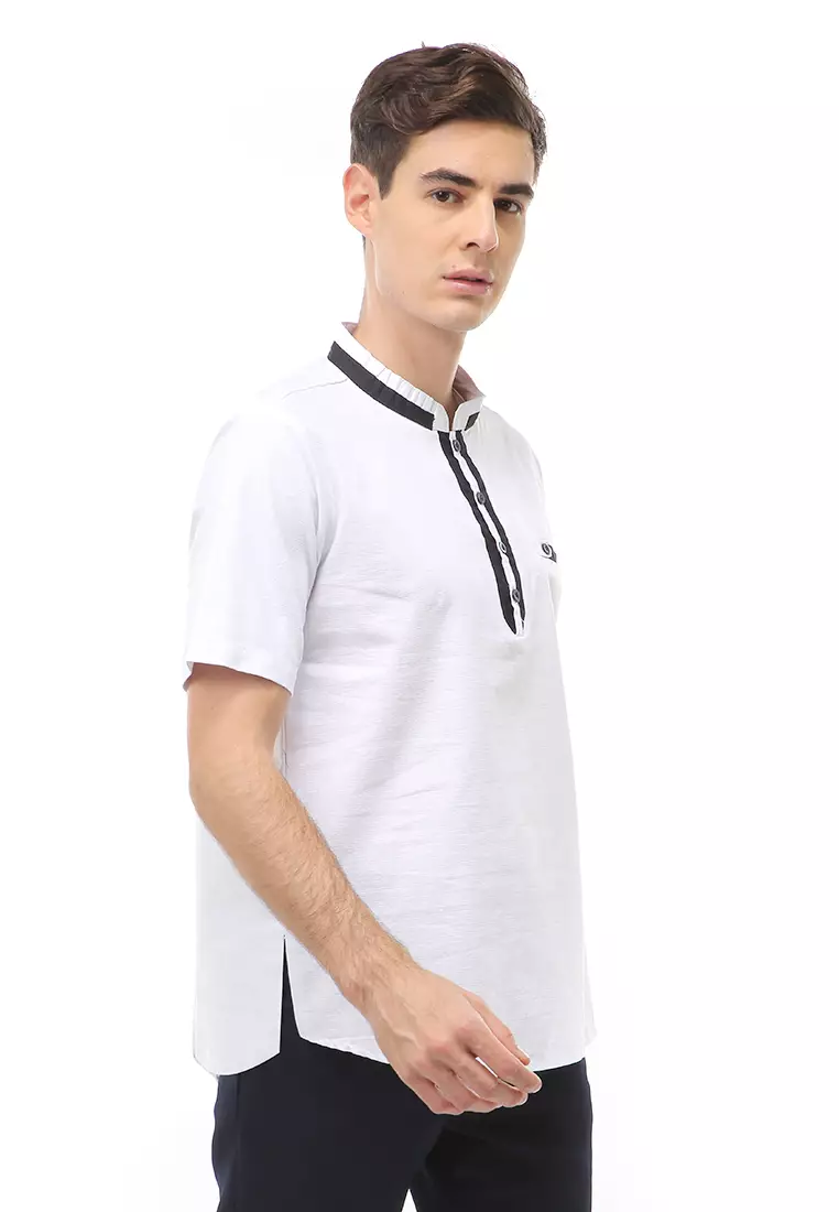 Dwan Atasan Formal Pria Kemeja Koko Motif List Kancing Short Sleeve Material Cotton ORIGINAL - White