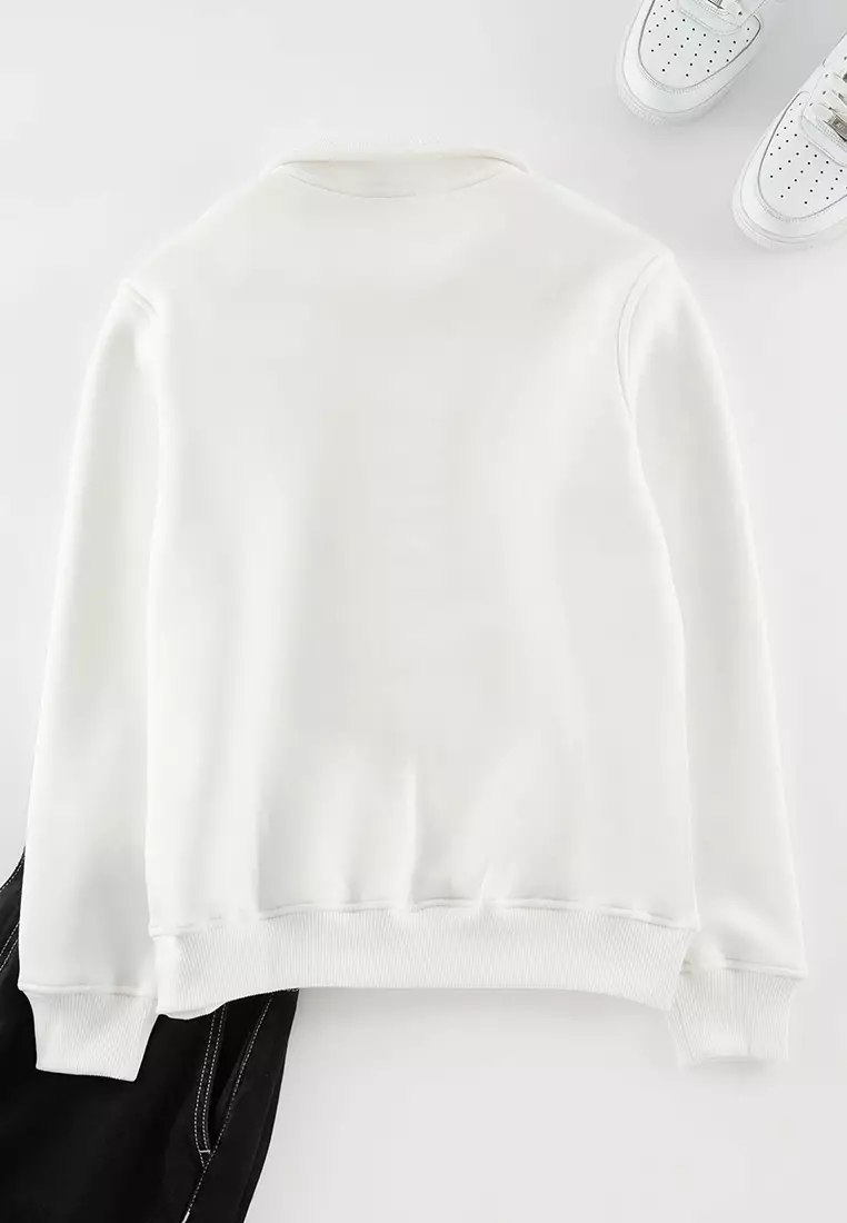 Ecru Regular/Normal Cut Stand Collar Zippered Inside Polar Fleece/Warm Basic Sweatshirt TMNAW24SW00041