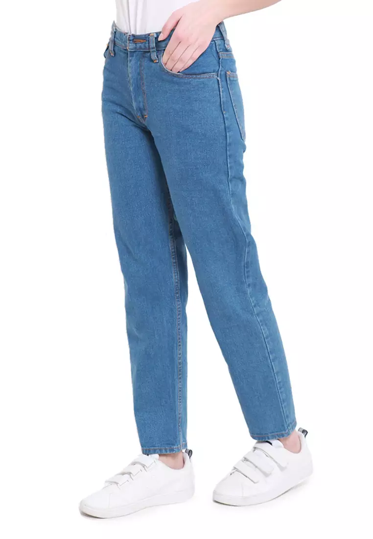 Celana Jeans Boyfriend Motif Plain Bawahan Wanita Regular Fit - Medium Blue