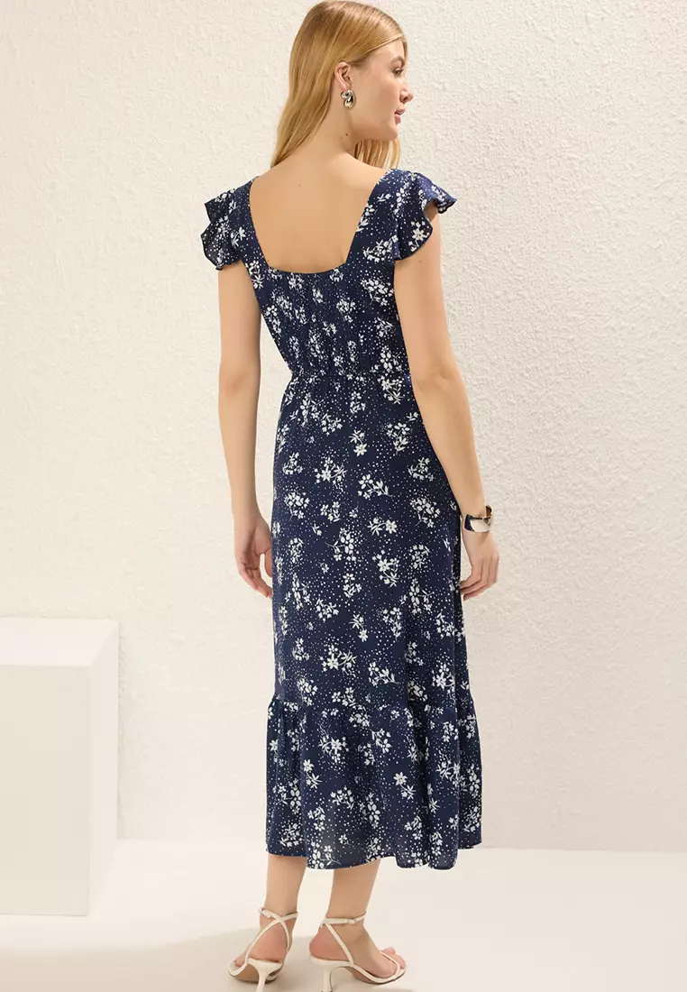 Floral Frilled Midi Woven Dress with Waist Opening Skirt