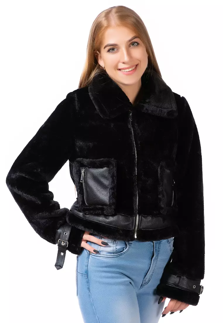 black aviator faux fur jacket