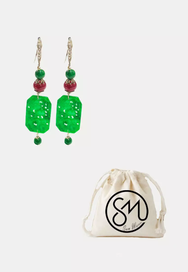 Women's Accessories Ruby Rectangular Jade Earrings Anting Wanita Batu Giok Green