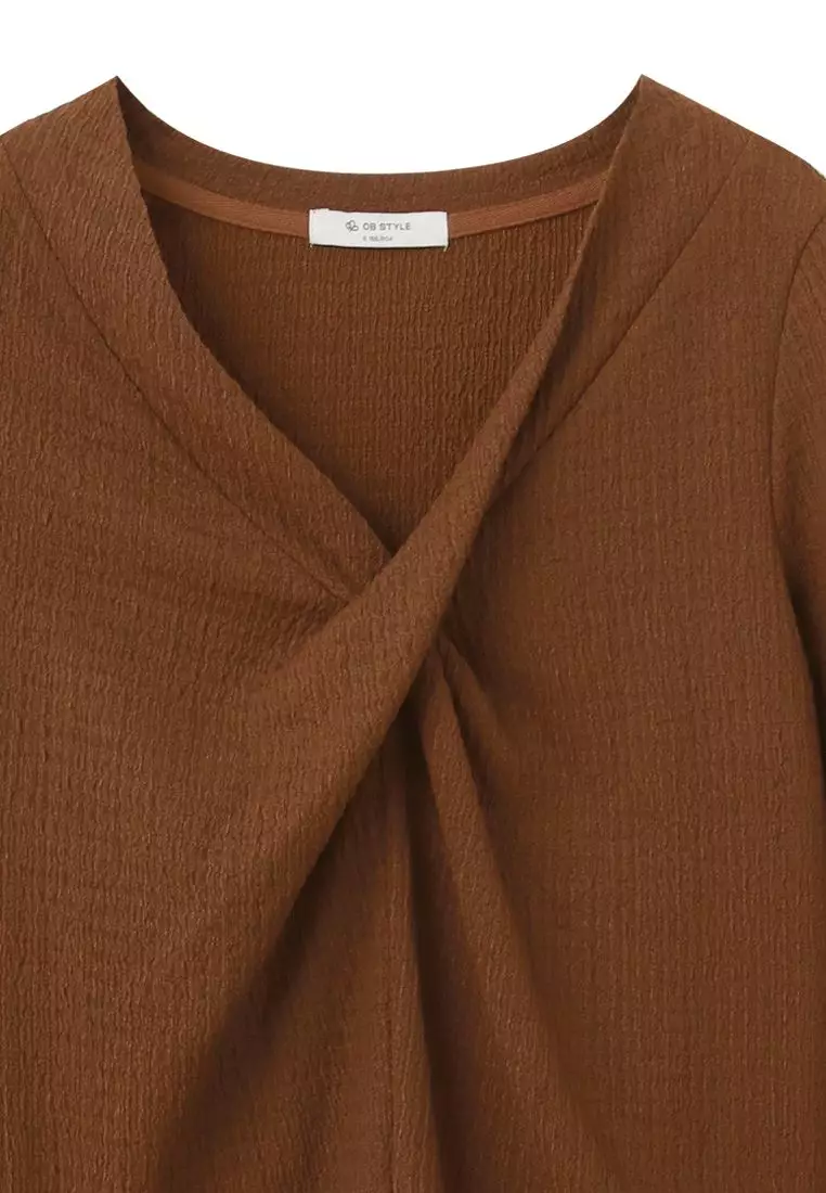 Textured Twist-Front  Chiffon Long Sleeve Top [AB18052]