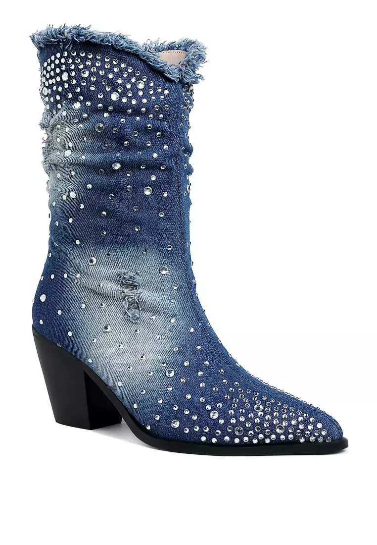 Diamante & Rhinestones Denim Boots in Dark Blue