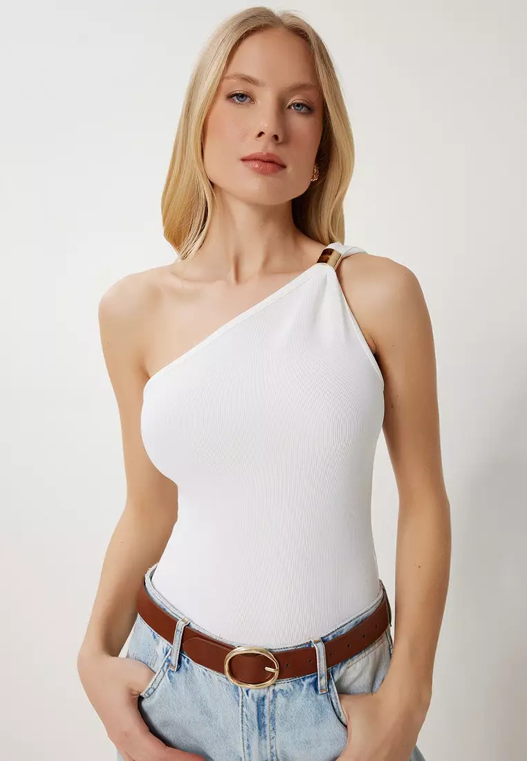 Women's Bone Gold Accessory Flexible Ribbed Knitted Blouse Fw00011