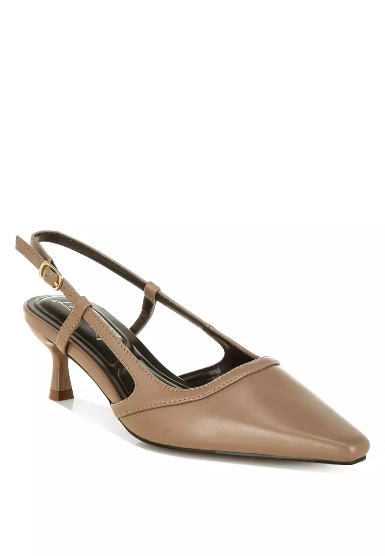 Slingback Pin Buckle Kitten Heels In Taupe