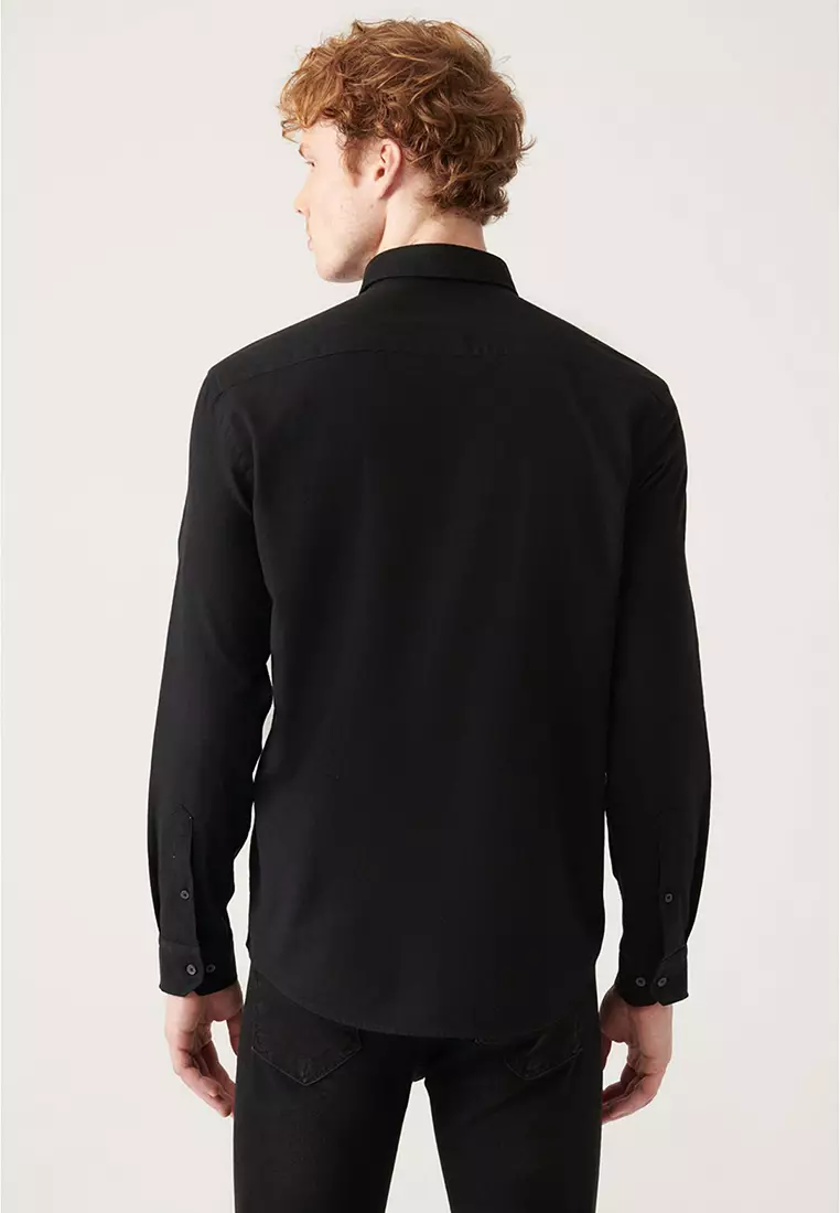 Men's Black Button-Down Collar 100% Cotton Linen Textured Shirt E002141