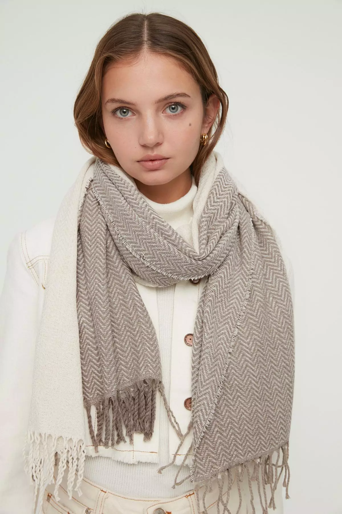 Ecru Pattern Blocky Soft Textured Women'S Scarf Twoaw22At52