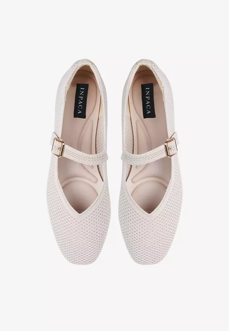Maia Ballerina Knit Flatshoes Square Toe Mary Jane in Cream