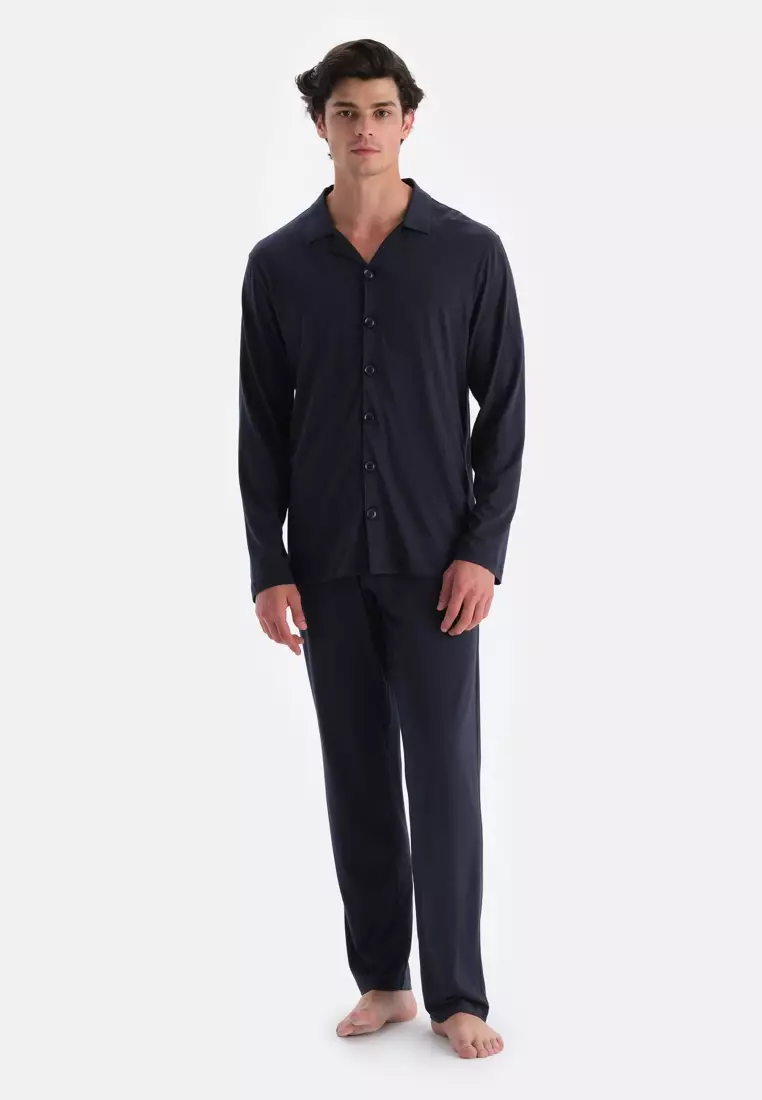 Navy Shirt & Trousers Set, Regular Fit, Long Sleeve Sleepwear for Men