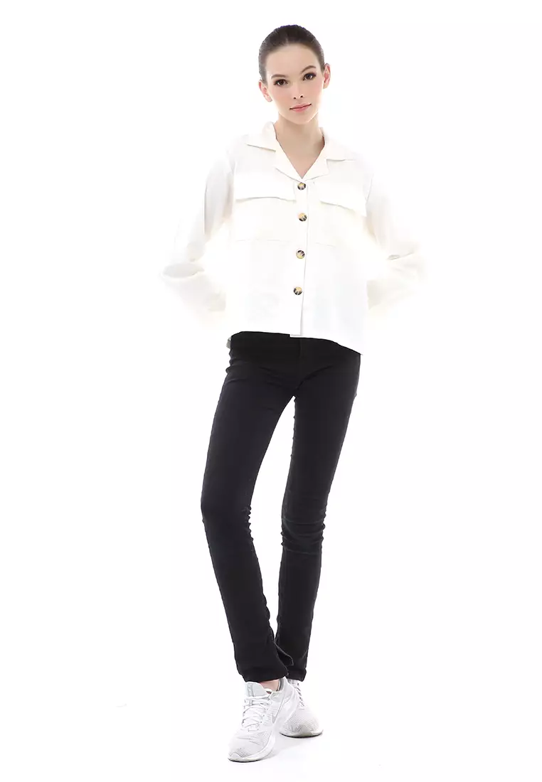 Brielle Atasan Wanita Kemeja Pocket Plain Motive Lengan Panjang Material Linen ORIGINAL - White