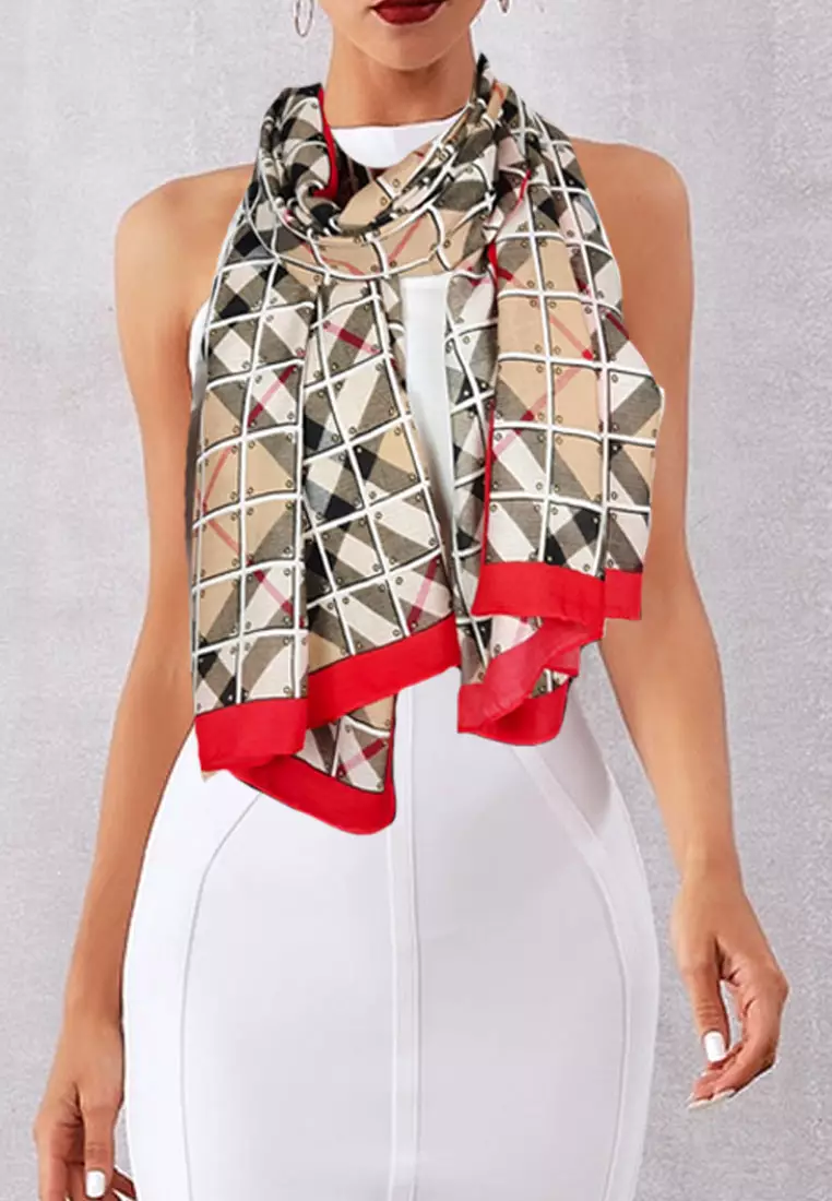 Aksesoris Wanita Checkered Pattern Viscose Shawl Syal Wanita Solid Border Beige & Red