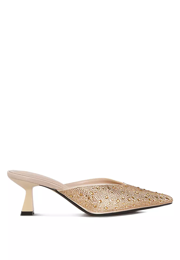 Discount on London Rag  shoes - SKU: Gold Rhinestones Embellished Satin Mules