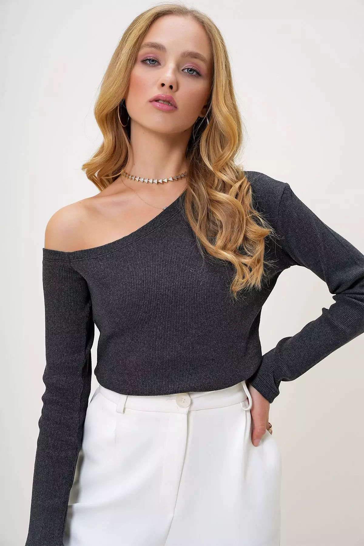 Women's Anthracite Boat Neck One Shoulder Open Camisole Blouse