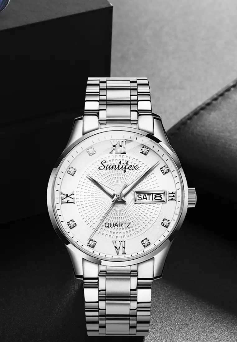 Jam Tangan Pria Original 9011 Anti Air Kuarsa Jam Pria Calendar Tali Stainless Steel Jam Tangan Cowok silver white