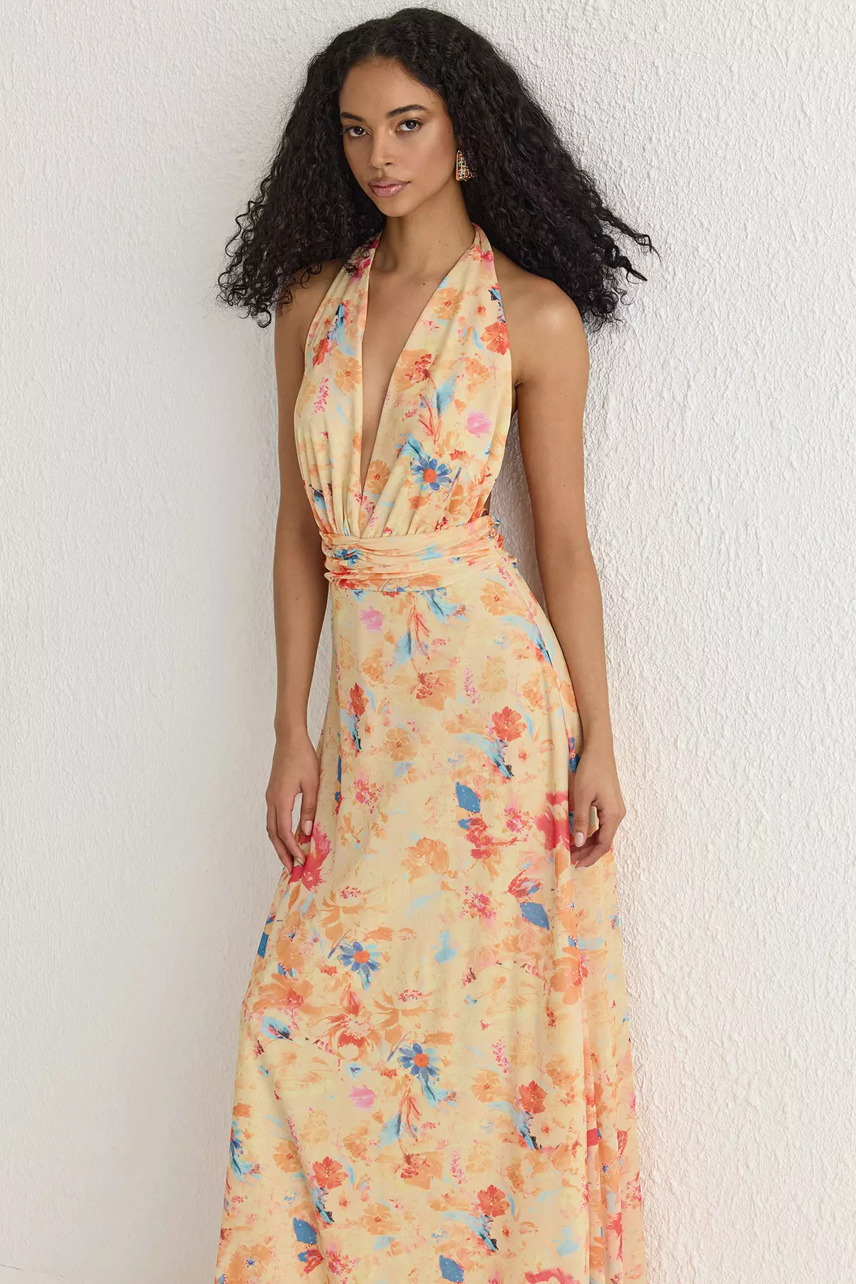 Pink-Multicolored A-Line Floral Patterned Knitted Long Elegant