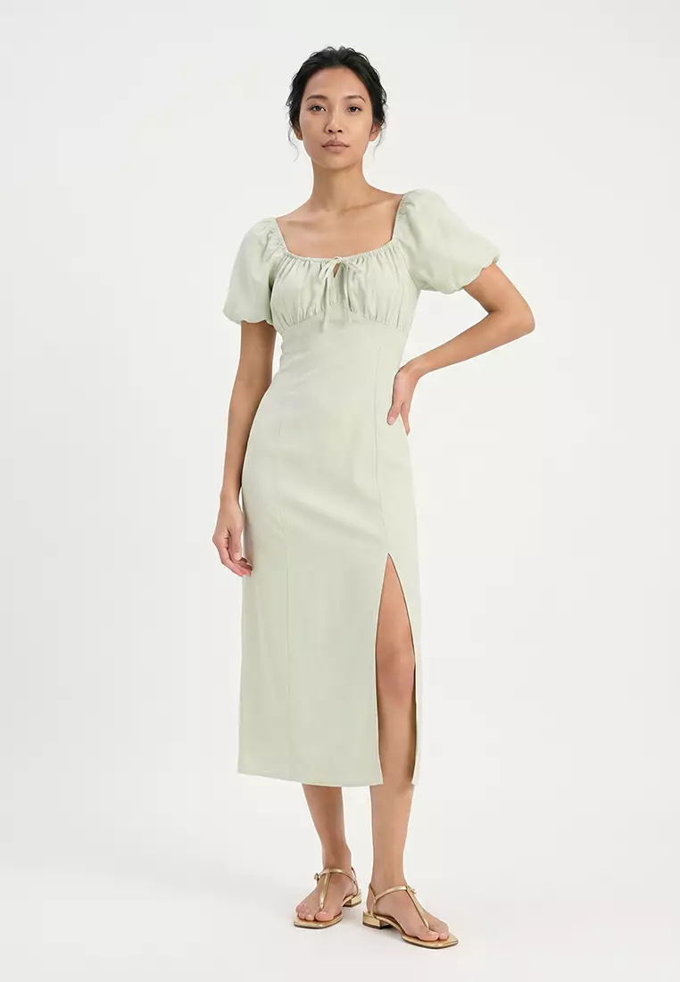 Buy DeFacto A-Line V-Neck Linen Blend Slit Short Sleeve Midi Summer Dress  F0534Ax25Sm 2026 Online | ZALORA Philippines