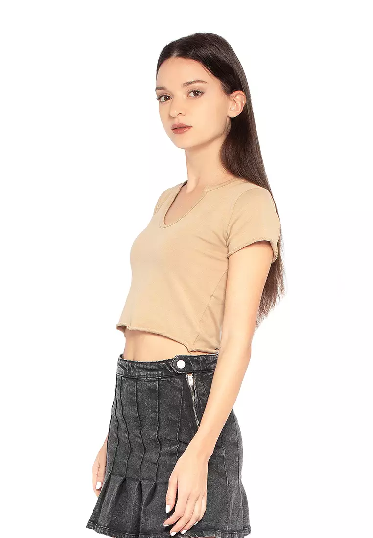 Atasan Rajut Rib Leher V Kelabu tua