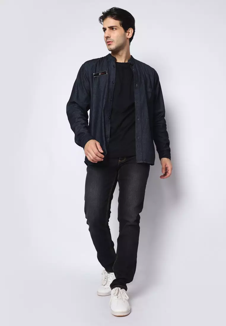 Kemeja Denim Glorys Krah Mandarin KT L/S Black 182501