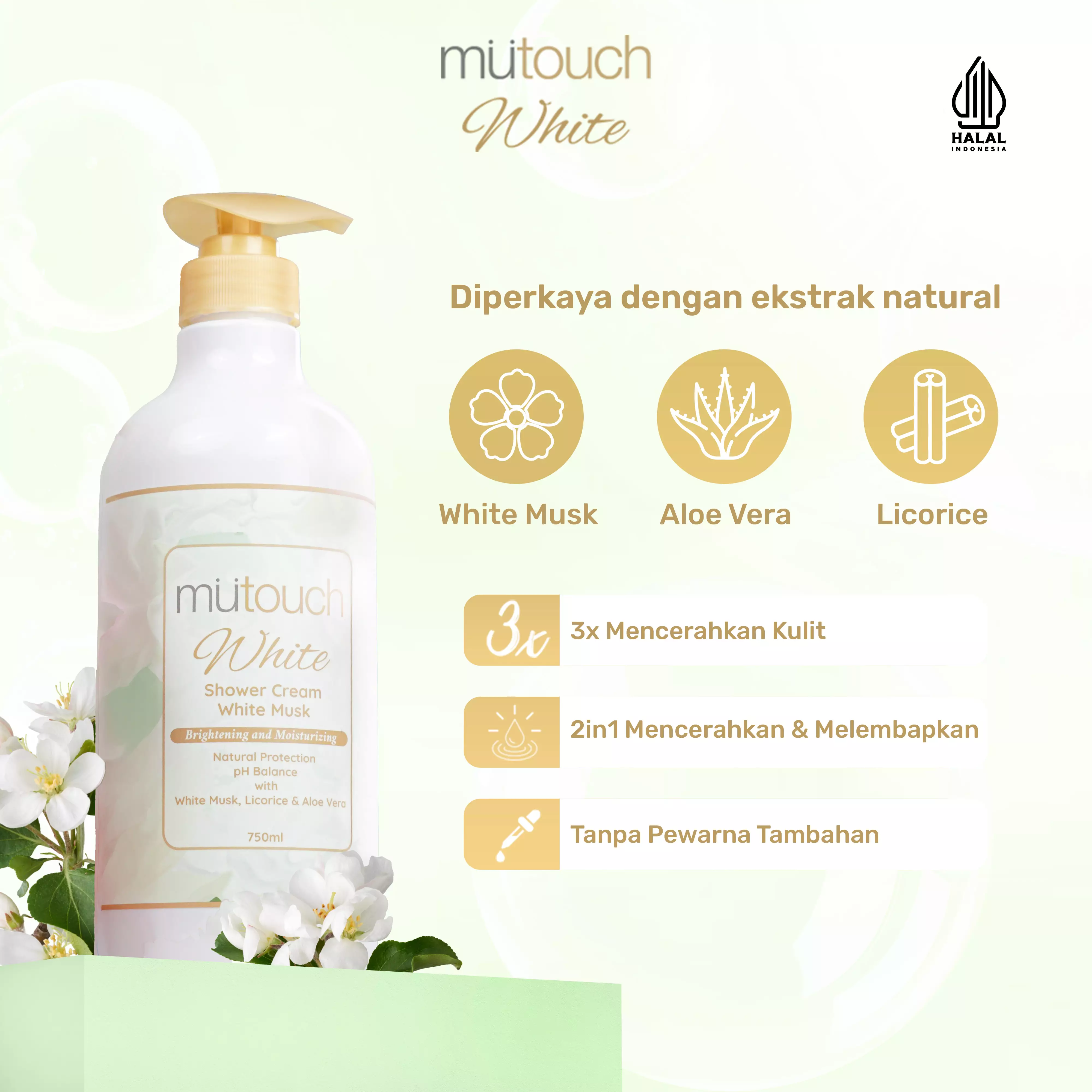 Mutouch White Shower Cream Brightening and Moisturizing – White Musk 750ml FREE SHOWER PUFF
