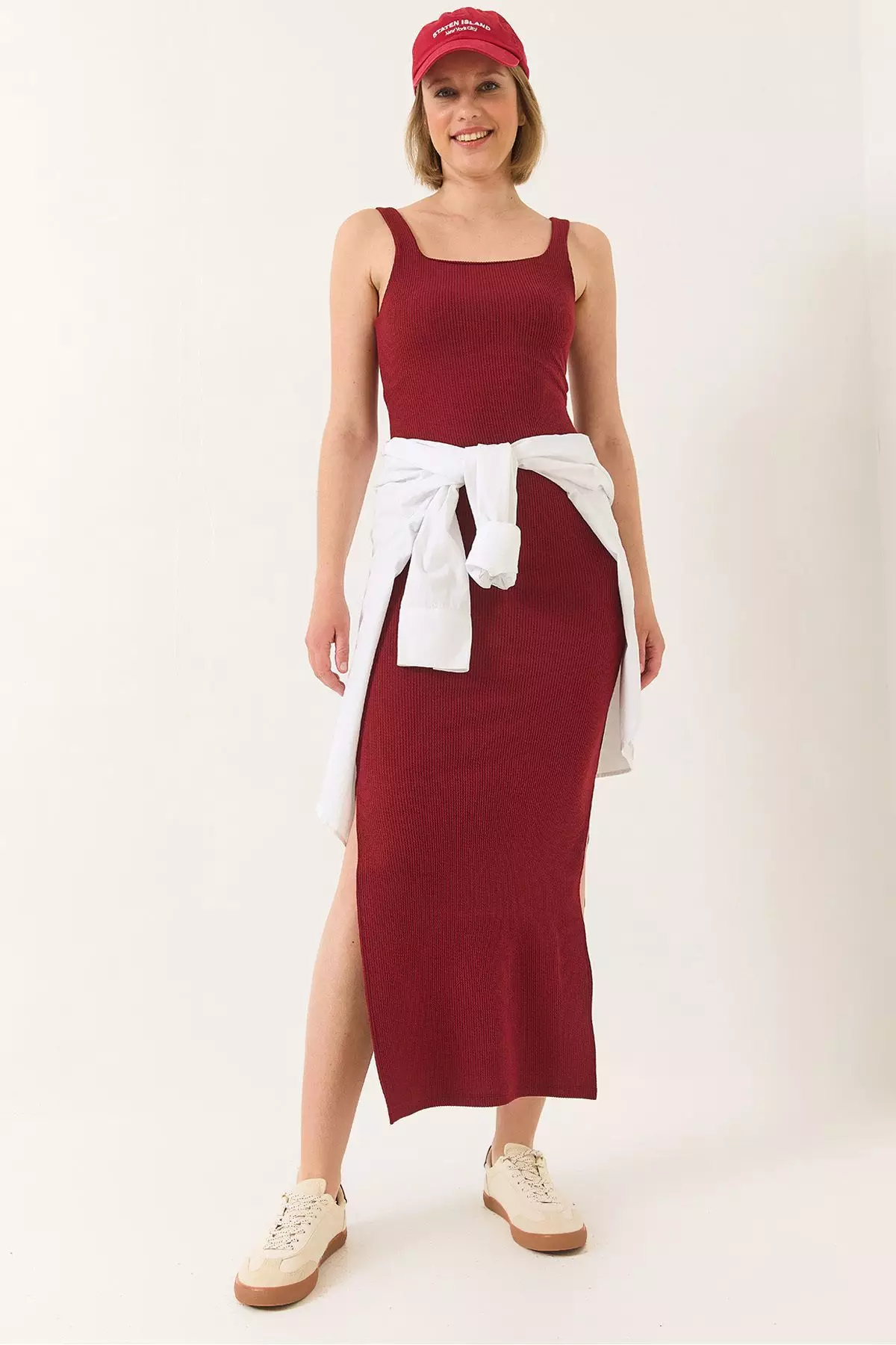 Women's Strappy Square Neck Slit Detailed Ottoman Midi Dress 295 60283176