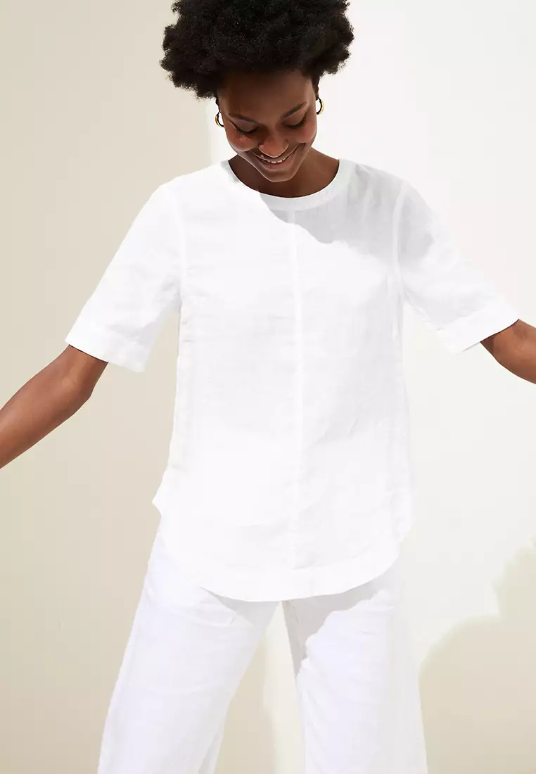 Pure Linen Round Neck Short Sleeve Boxy Top