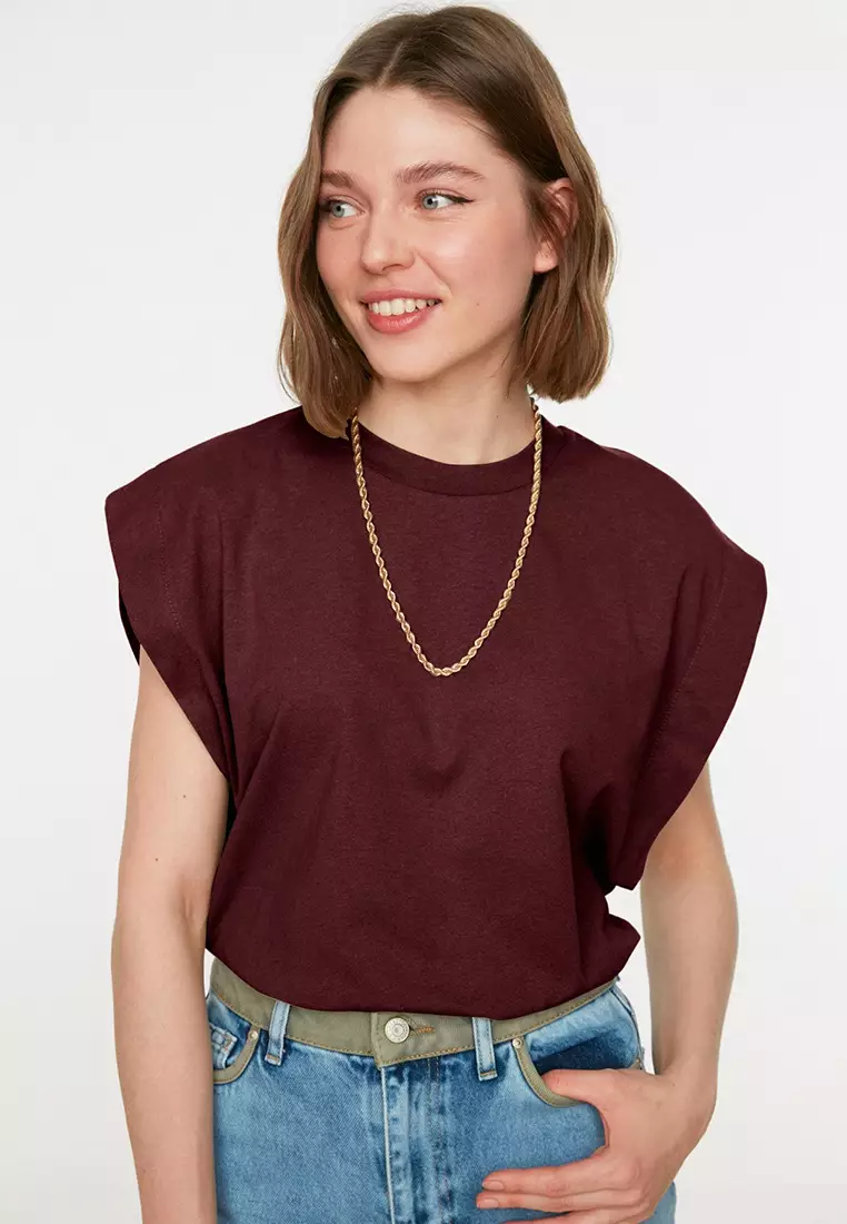 Claret Red 100% Cotton Padded Look Basic Crew Neck Knitted T-Shirt TWOSS20TS0021