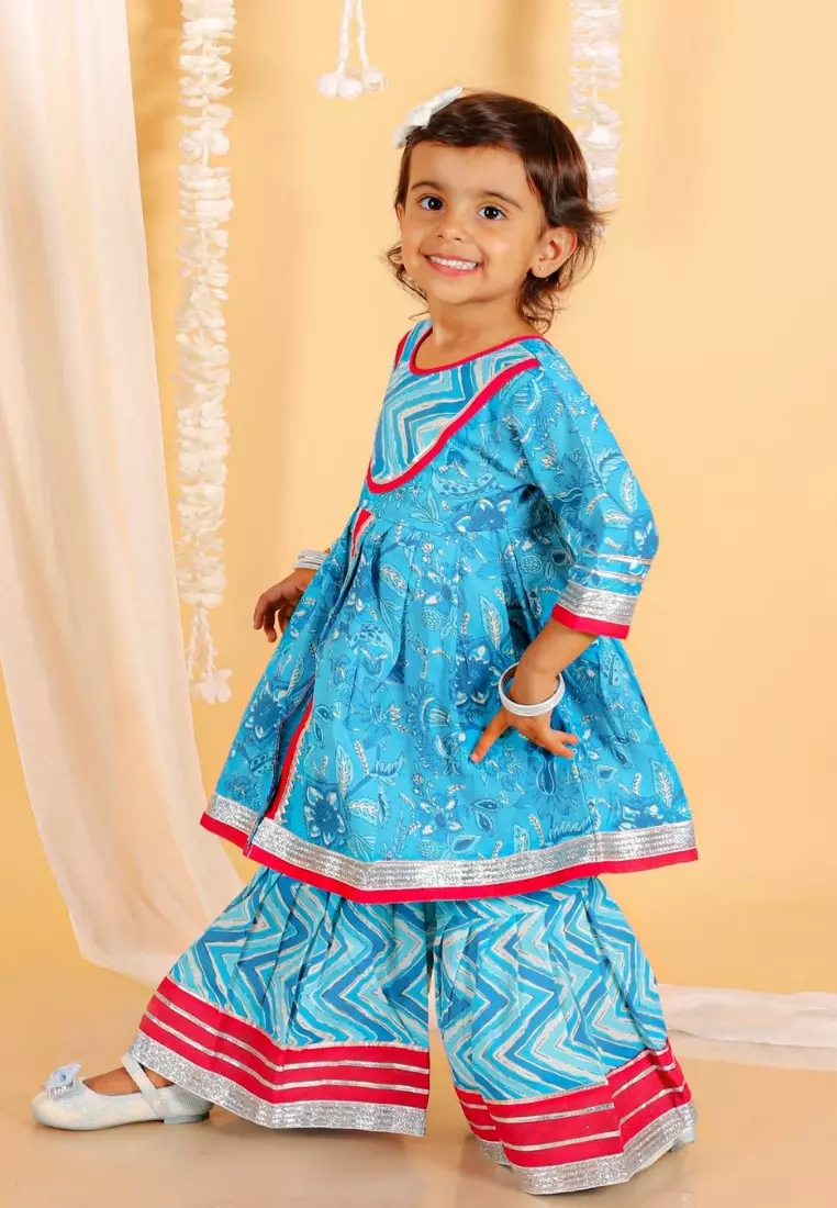 Ocean Blue Girls Anarkali Kurta Sharara Set