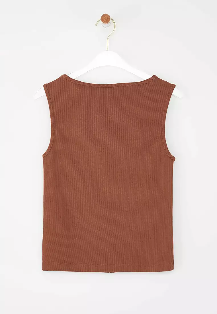 Brown Buttoned Fitted/Fitted Ribbed Stretch Knit Blouse