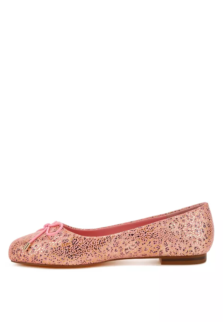 Bow Detail Embossed Suede Ballerinas Pink