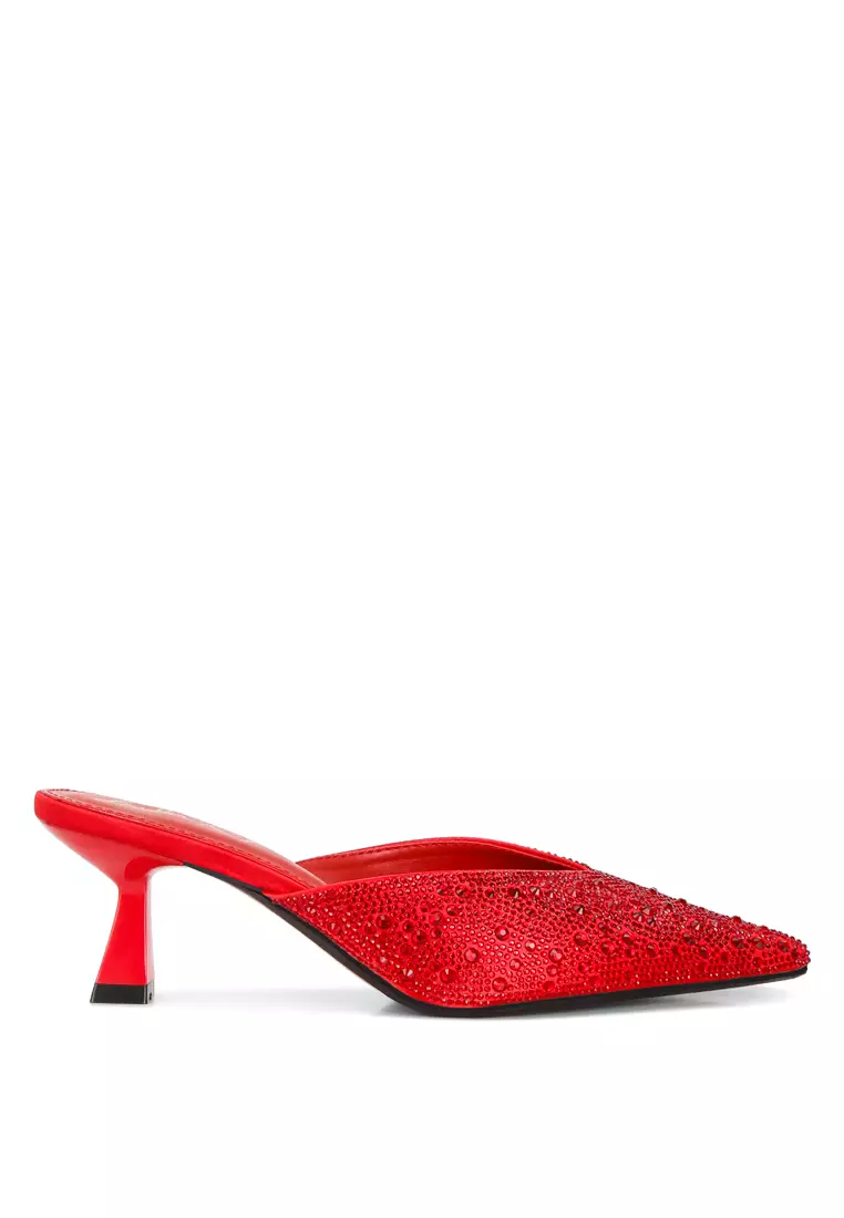 Discount on London Rag  shoes - SKU: Red Rhinestones Embellished Satin Mules