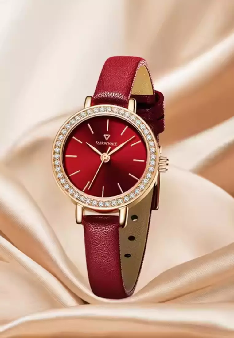 Ladies IP Rose Gold Stainless Steel Quartz Watch, 30mm Diameter, Red Leather Strap, Red Dial