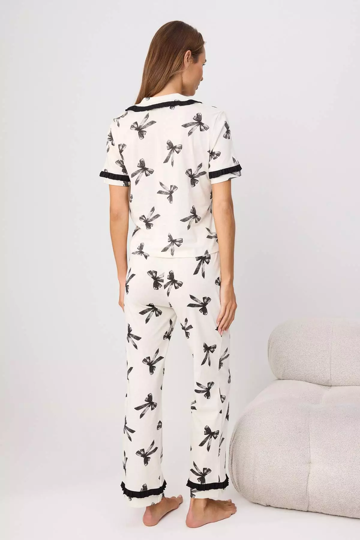 Ecru 100% Cotton Ribbon/Bow Ruffle Pants Knitted Pajamas Set Thmaw26Pt00118