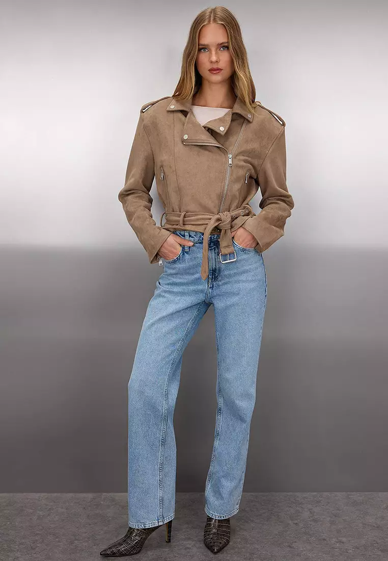 Mink Regular Fit Suede Biker Slim Jacket Coat