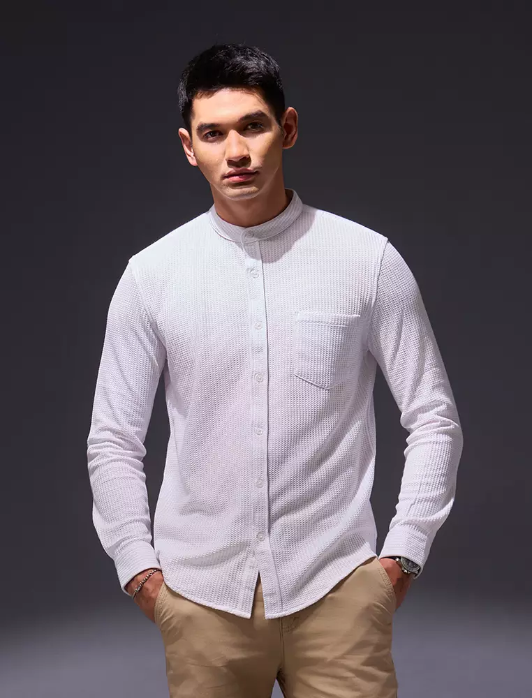 OXCON kemeja Tangan Panjang Waffle Kerah Collarless Putih